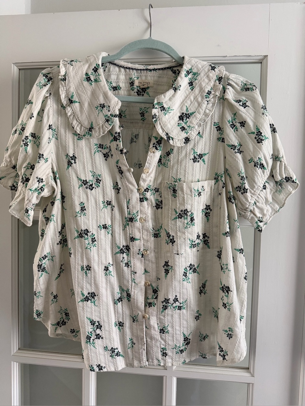 Anthropologie Cream Blouse with Green & Indigo Floral Print